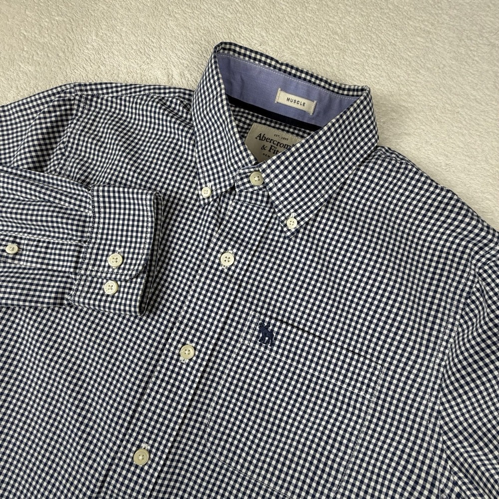 Abercrombie & Fitch Shirt Men Medium Blue Gingham Muscle Button Down Long Sleeve